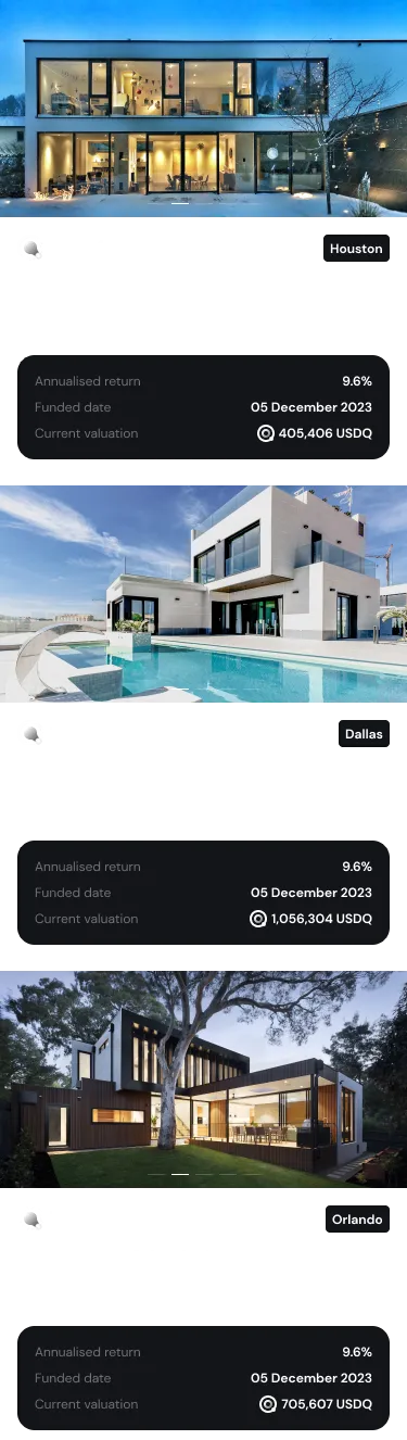 Image showing different houses with information on price and location and valuation in USDQ